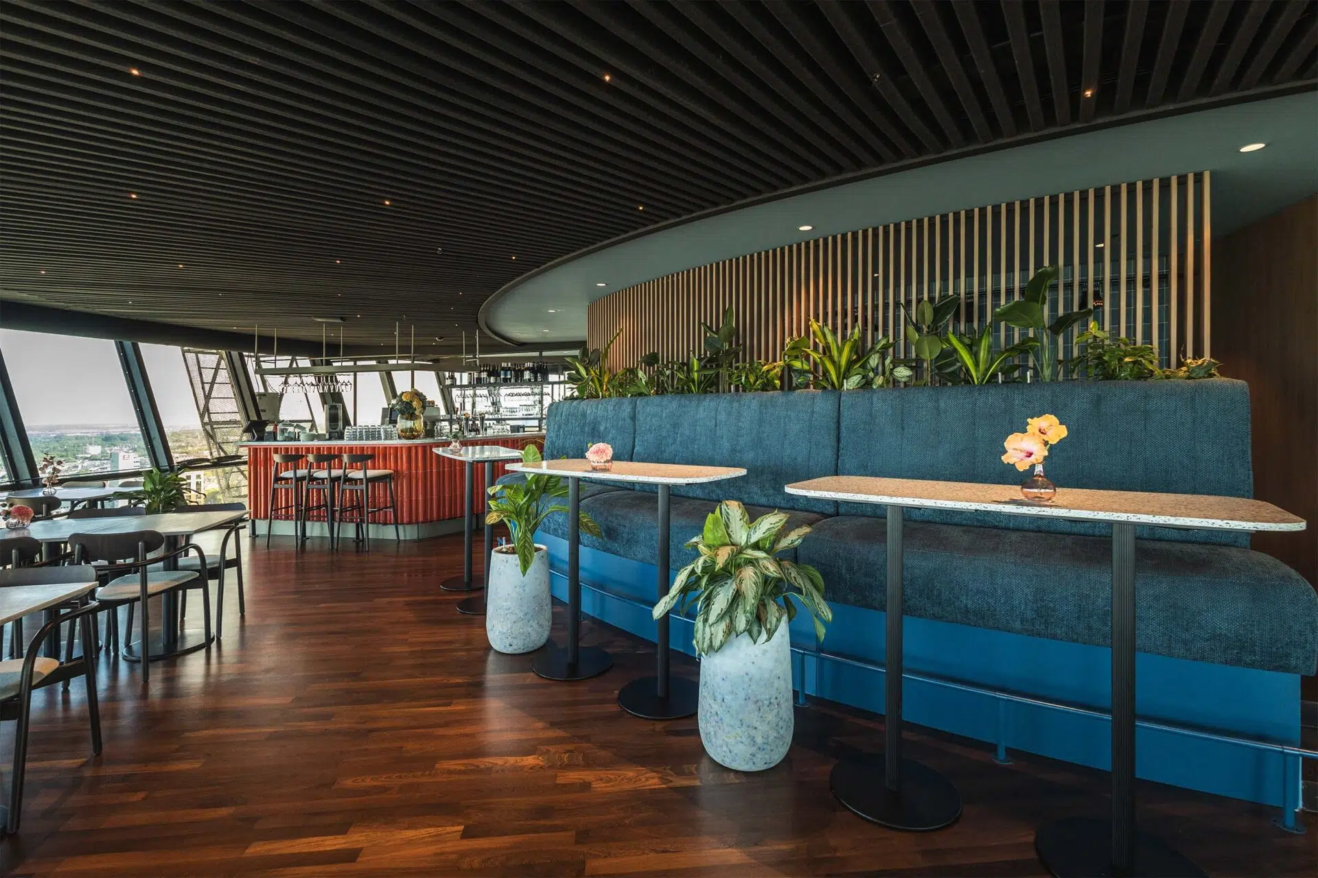 Bench and tables in the restaurant of the Euromast, developed from the design